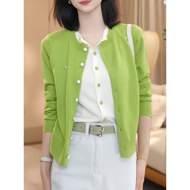 韩系彩色假两件小众设计圆领长袖针织开衫女春季时尚减龄百搭上衣