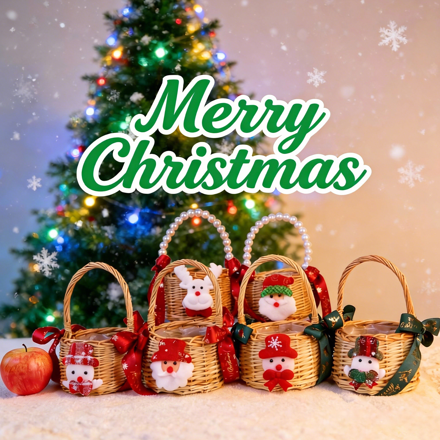 圣诞装饰藤编手提糖果篮装苹果蝴蝶结挂饰节日礼品篮子创意礼物