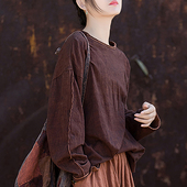 上衣文艺宽松复古百搭打底衫 炒色做旧t恤女春秋2026新款 棉麻女装