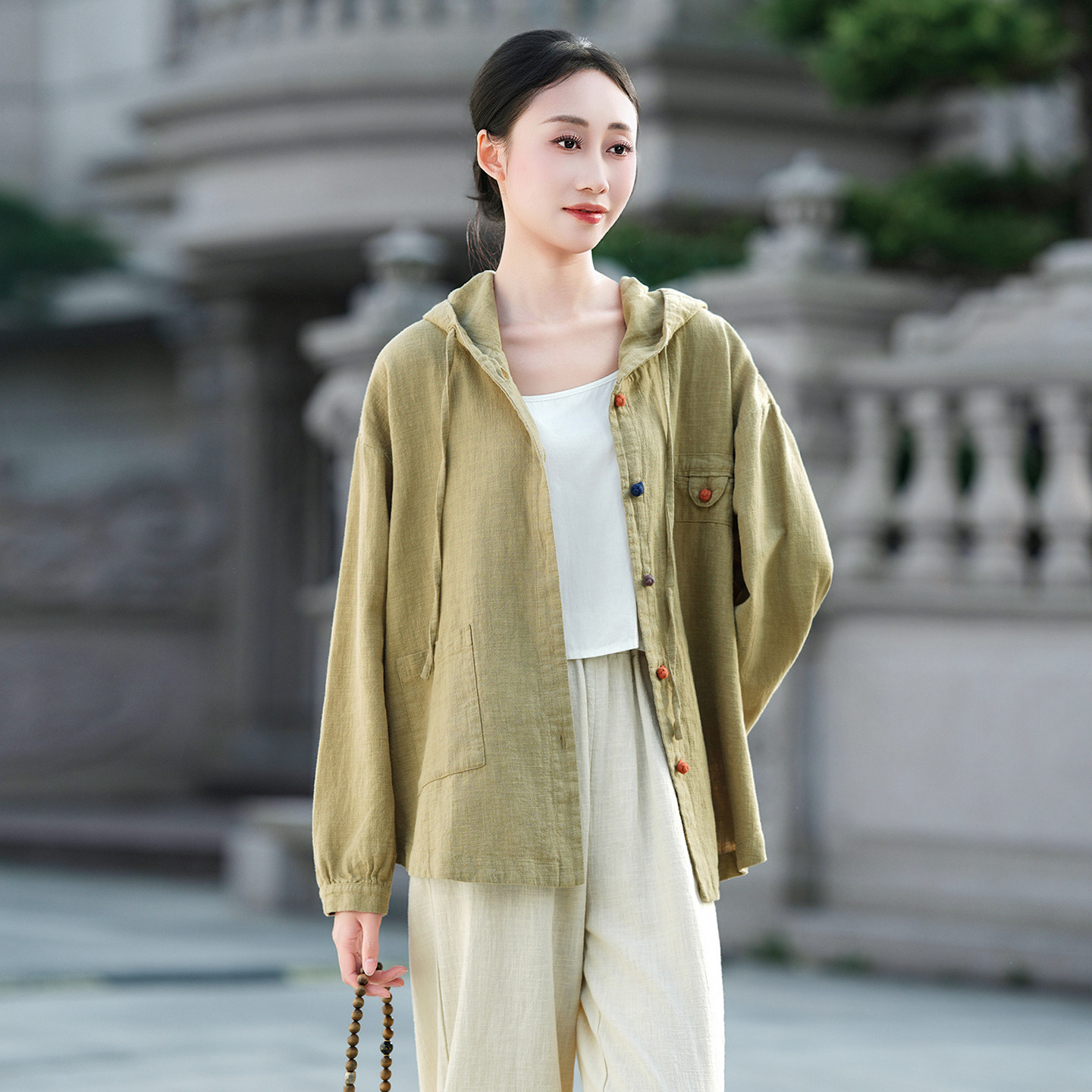 中式苎麻连帽休闲衬衫女长袖宽松开衫撞色做旧防晒上衣棉麻外套