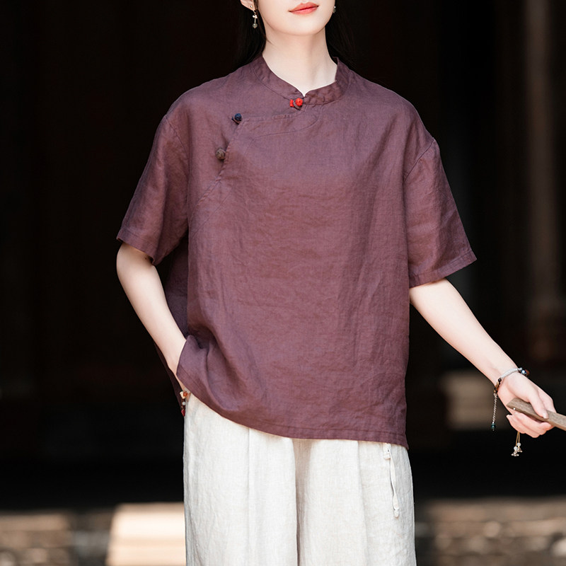 亚麻复古新中式短袖衬衫女夏季2026新款宽松文艺上衣全麻禅意茶服