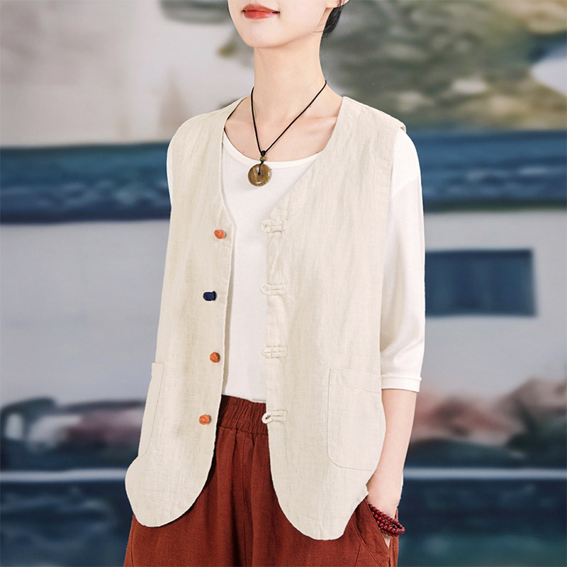 苎麻新中式复古马甲背心女2026新款盘扣无袖坎肩棉麻国风马夹外套
