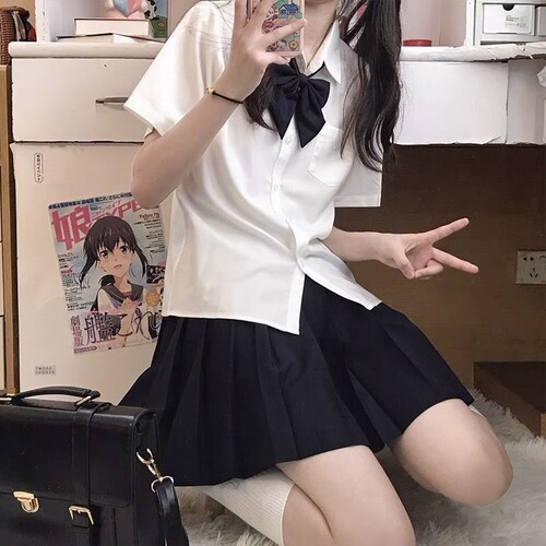 夏款JK衬衫女学生学院韩版宽松短袖纯色基础款百搭衬衣白色上衣潮