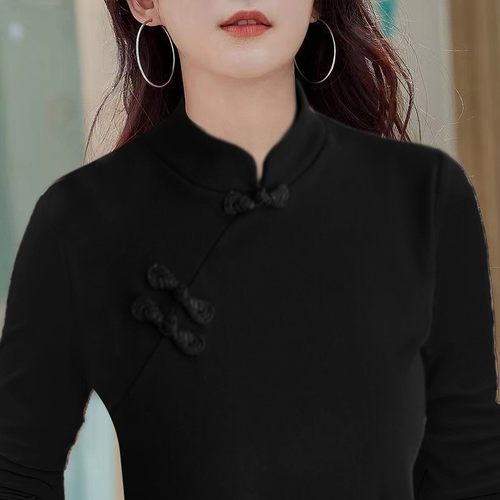 中式双面德绒新款国潮半领打底衫女内搭民族风旗袍风长袖上衣黑色