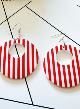 日韩木质耳环女耳坠几何红色条纹气质个性潮流夸张耳饰品民族风