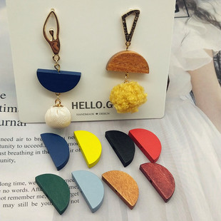 30mm半圆形木片简约夸张几何通孔耳环耳饰品配件diy手工材料包