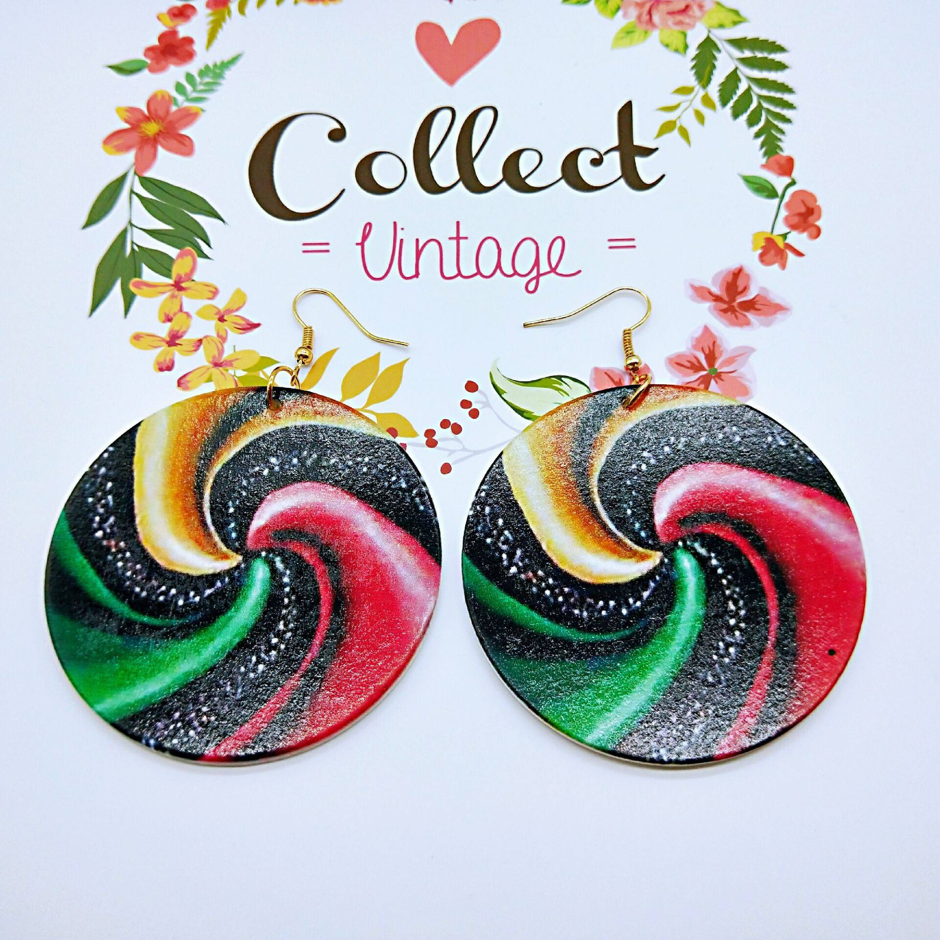 夸张非洲彩虹棒棒糖图案圆形木质耳环 时尚木头耳饰耳坠耳饰品