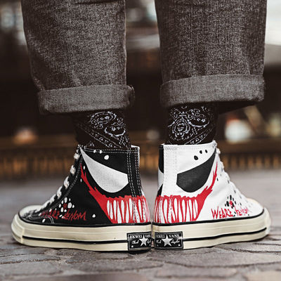 夏季男鞋联名高帮帆布鞋男漫威毒液涂鸦潮鞋阴阳鸳鸯板鞋