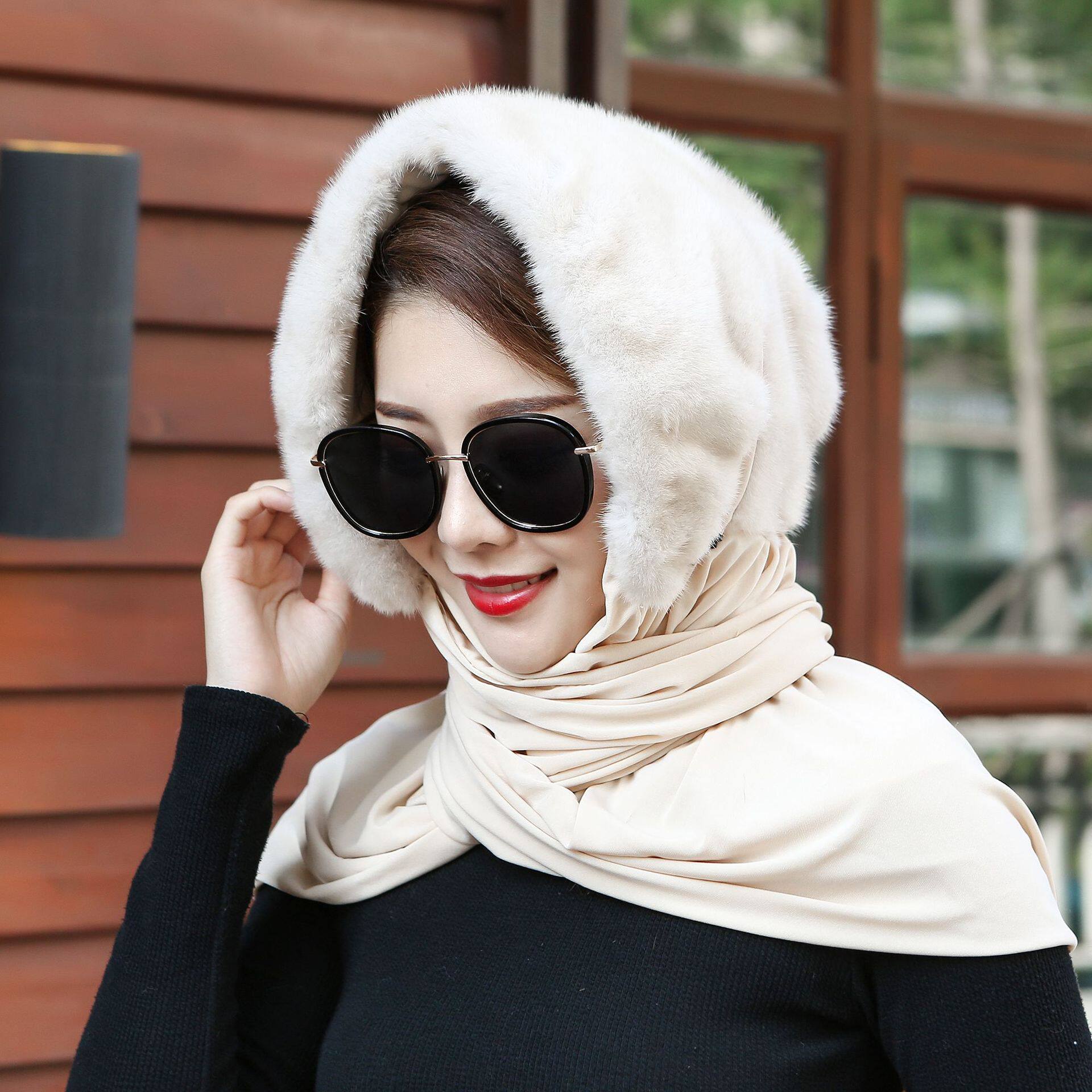 貂毛帽子女冬天水貂皮围巾一体帽子整貂秋冬裘皮帽子皮草帽子新款