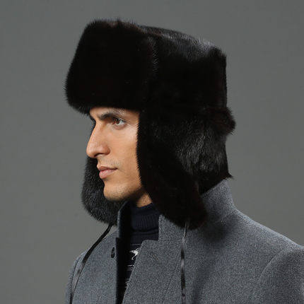 新款水貂皮草帽子男整张全毛真貂皮雷锋帽冬季护耳保暖东北风雪帽