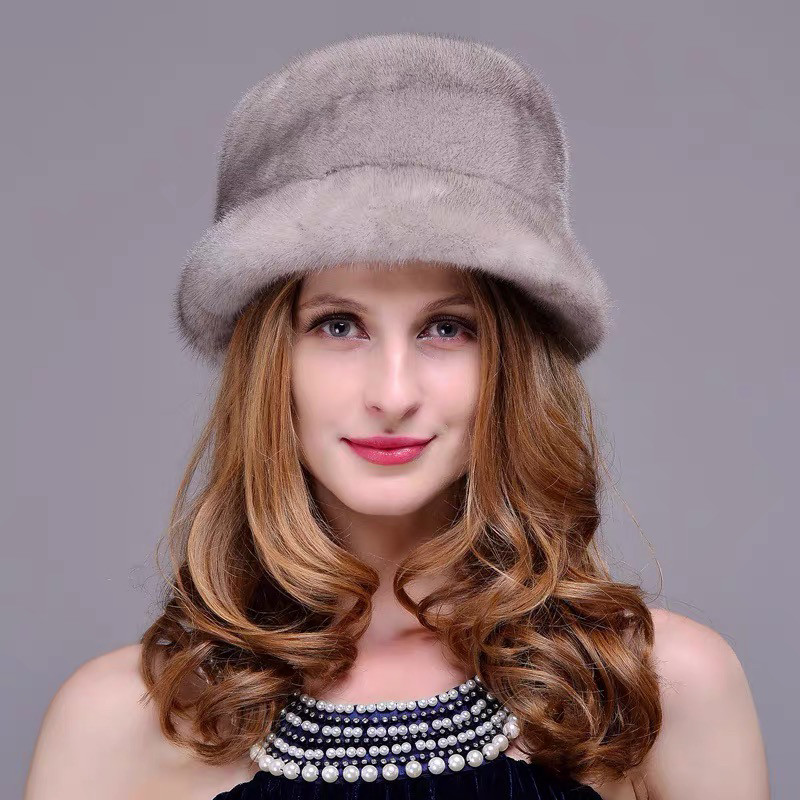 进口水貂皮帽子女士整貂礼帽冬季皮草护耳保暖盆帽貂毛新款太阳帽