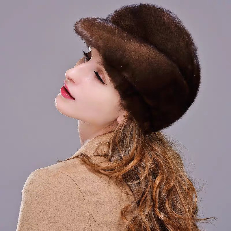 进口貂皮帽子女水貂毛皮草整貂真皮女帽貂绒保暖护耳贝雷礼帽冬天