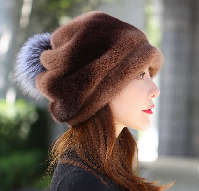 进口保暖护耳水貂皮草帽子女休闲圆顶狐狸毛球整貂礼帽八角贝雷帽