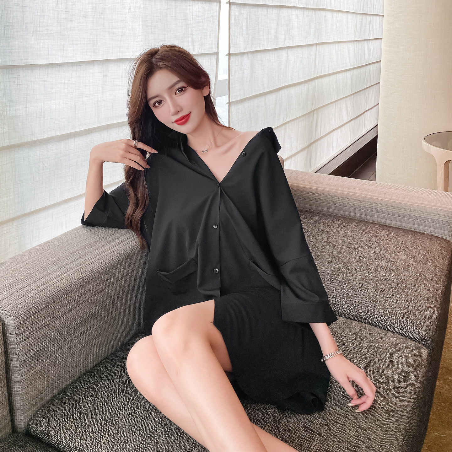 衬衫领睡裙女夏季冰丝性感薄款男友风中长款黑色睡衣睡裙家居服图片