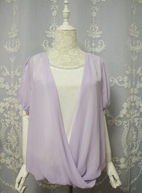 日本单甜美气质香芋紫色假两件短袖雪纺衫衬衣上衣打底衫女装夏款