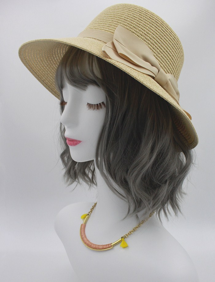 优雅风米色蝴蝶结遮太阳编织纸草