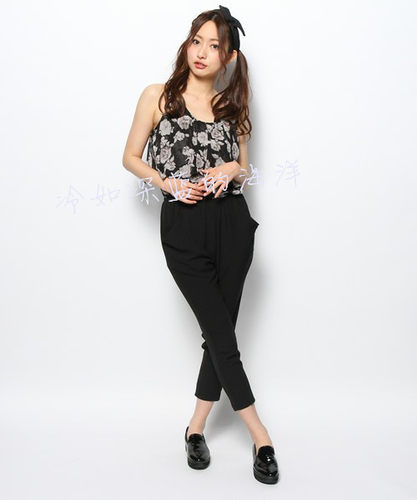 日本黑色花朵印花荷叶花边雪纺上衣拼接连体裤连身裤九分长裤女装