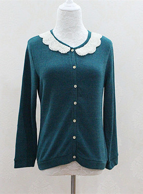 秒杀不退不换！日系百搭墨绿色钉珠娃娃领短薄款长袖针织开衫外套