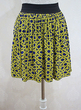 秒杀不退不换！韩版复古黄色抽象几何百搭松紧腰短裙A字裙子女款