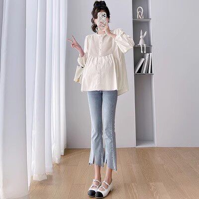 임산부를위한 가을 탑 2024 새로운 패션 한국 스타일 느슨한 배꼽 덮는 셔츠 임산부를위한 다목적 캐주얼 가을 셔츠