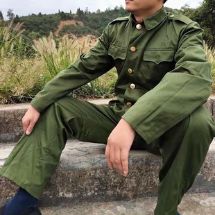 库存老式涤卡黄绿色外套怀旧收藏宽松深裆冬装四个口袋中山服装男