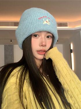 软糯小狗~自留百搭刺绣可爱蓝色针织毛线帽女秋冬百搭显脸小冷帽