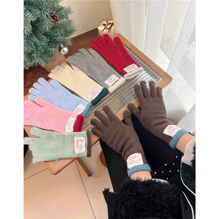 自留推荐~ins韩系贴布针织手套女秋冬季骑车保暖分指手套可触屏潮