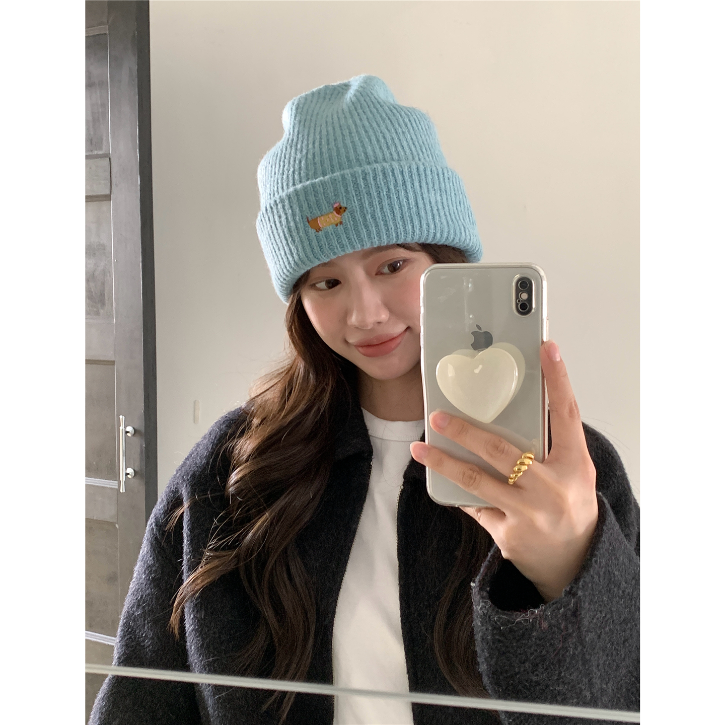 腊肠小狗｜可爱刺绣百搭奶蓝色针织毛线帽女宽松显脸小套头冷帽子