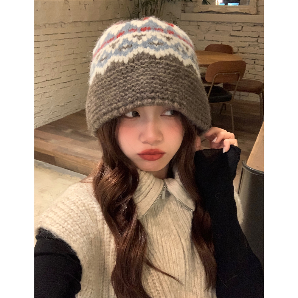 渔夫帽复古提花羊毛针织卷边盆帽