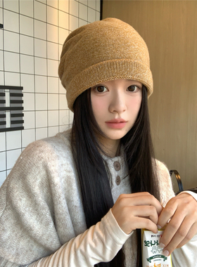 韩系显脸小~100wool羊毛褶皱卷边堆堆帽女冬文艺混色百搭套头冷帽