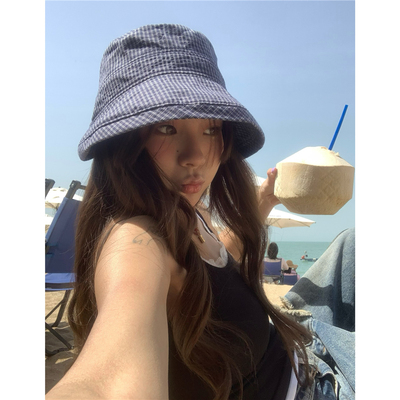 miu系~很韩！藏青格子前长后短渔夫帽女春夏大帽檐遮阳显脸小盆帽