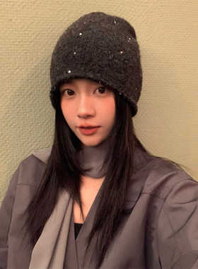 时髦gril~韩国亮闪片羊毛冷帽秋冬针织毛线帽包头帽显脸小堆堆帽