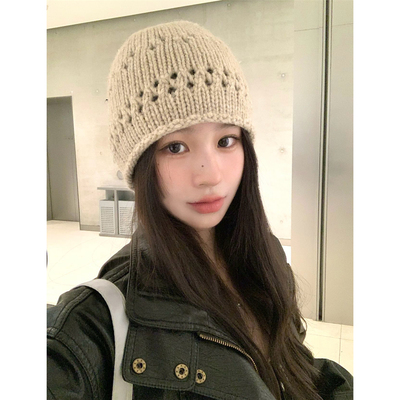 韩系风~镂空针织羊毛混纺毛线帽女秋冬百搭显脸小套头冷帽子