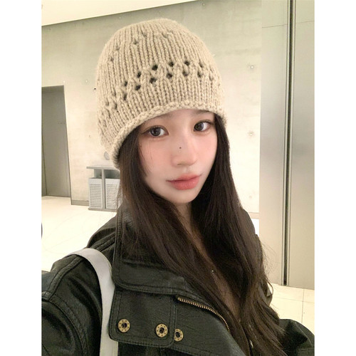 韩系风~镂空针织羊毛混纺毛线帽女秋冬百搭显脸小套头冷帽子