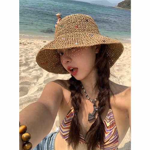 草帽女遮阳沙滩度假彩色显脸小