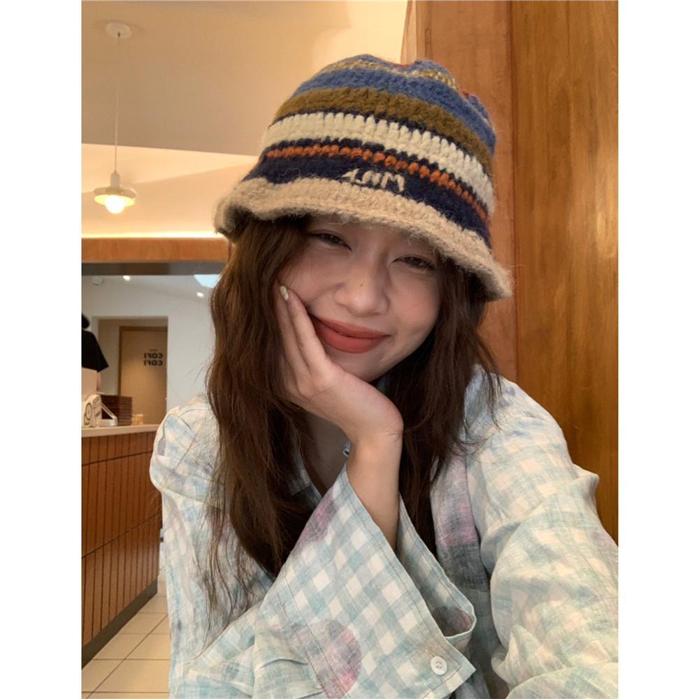 渔夫帽女撞色条纹针织羊毛显脸小