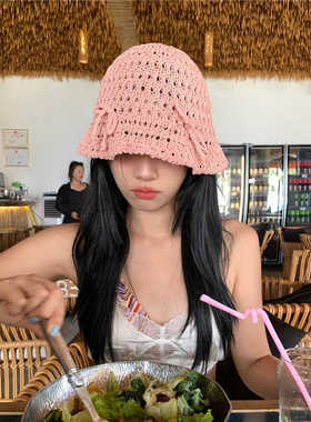 韩系博主！hin美~蝴蝶结渔夫帽子女春夏ins针织网眼草编透气盆帽
