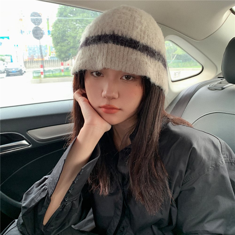 韩系女主角秋冬季帽子女复古拉毛毛线帽显脸小百搭护耳针织渔夫帽