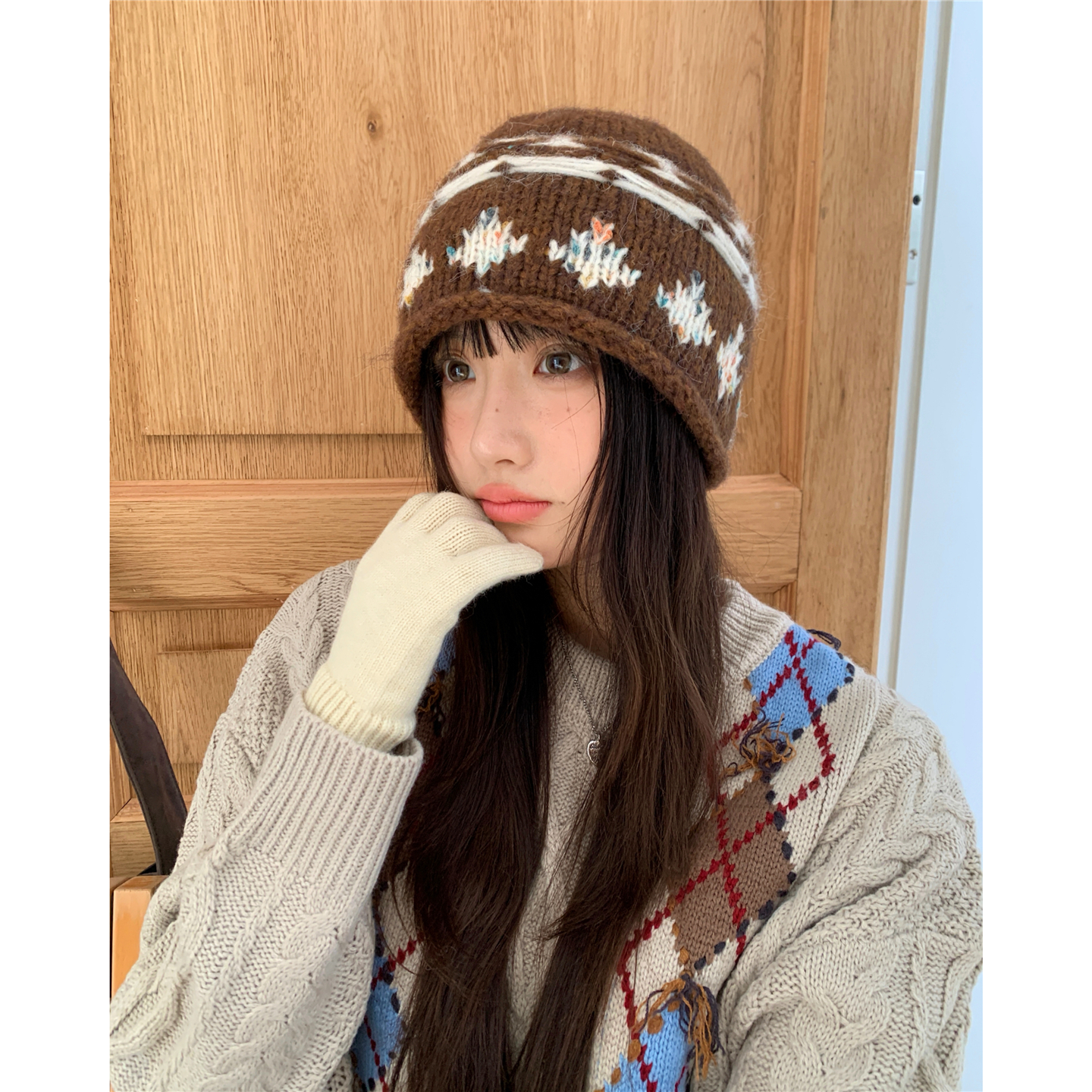费尔岛|菱格提花卷边针织帽子女秋冬复古时尚大头围保暖毛线冷帽