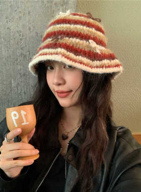 一眼爱~日系甜美马海毛手工毛线红色渔夫帽女秋冬保暖盆帽三角巾
