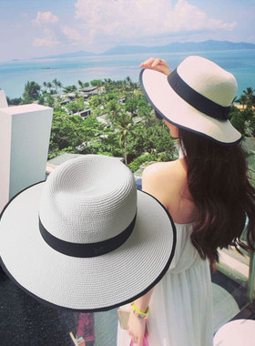 夏天大帽檐m草帽礼帽女士夏季韩版太阳帽沙滩遮阳白色爵士帽子潮