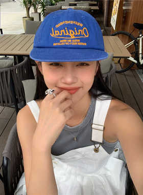 小众美式风~复古平檐蓝色系英文刺绣鸭舌帽女2024字母棒球帽男潮