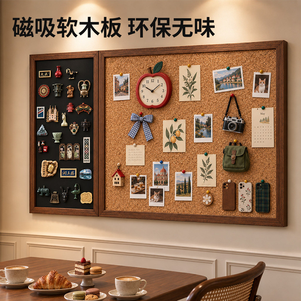 高级感实木框软木板黑板照片墙