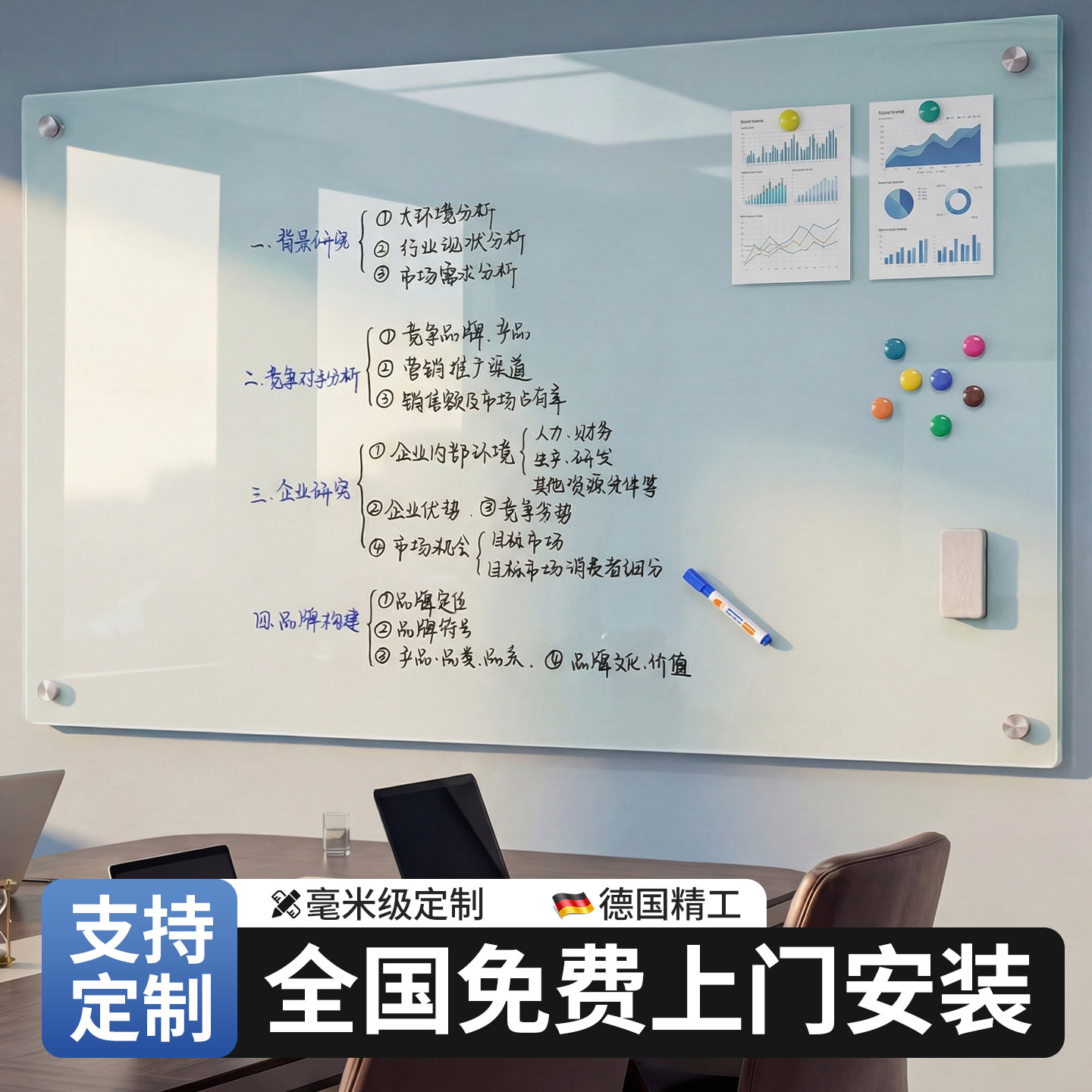 防爆磁性钢化玻璃白板强磁贴挂墙办公会议写字板书写家用可擦写教