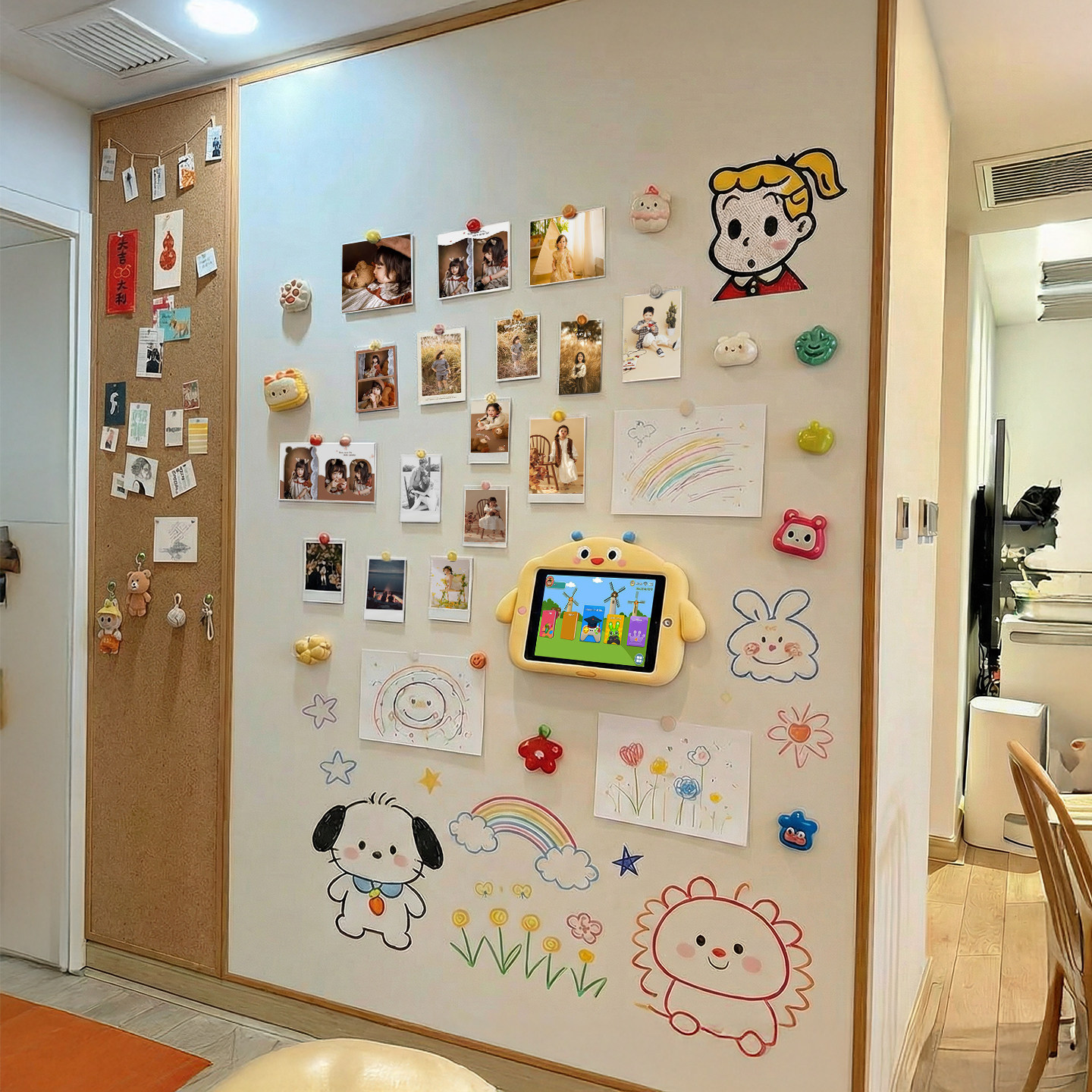 磁吸白板照片墙软木板组合珐琅板墙面小黑板墙贴冰箱贴展示板墙板挂墙式儿童家用教学墙可涂鸦大白板装饰木框