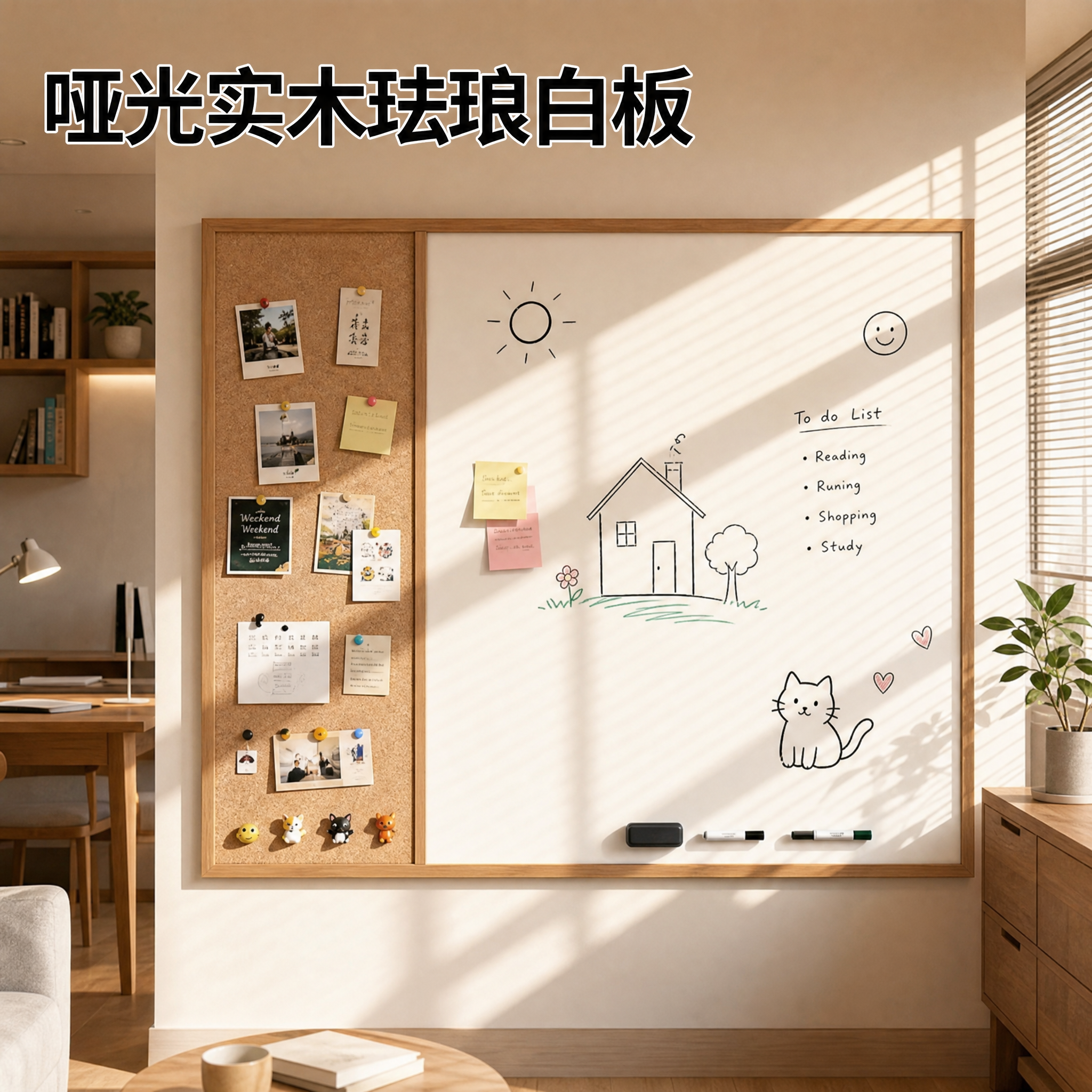 哑光珐琅白板软木框挂墙易擦写
