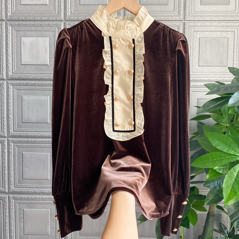 Gong Tingfeng color contrast wooden ear edge splicing stand collar double breasted velvet shirt for women