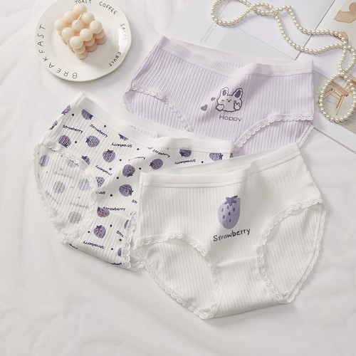 Нижнее белье, хлопковые антибактериальные милые штаны для школьников, мультяшные сиреневые японские тонкие трусы, средняя посадка, подходит для подростков