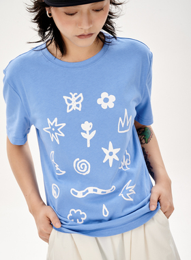 BornToChaos原创浅蓝色插画正肩短袖圆领T恤卡通印花基础上衣经典
