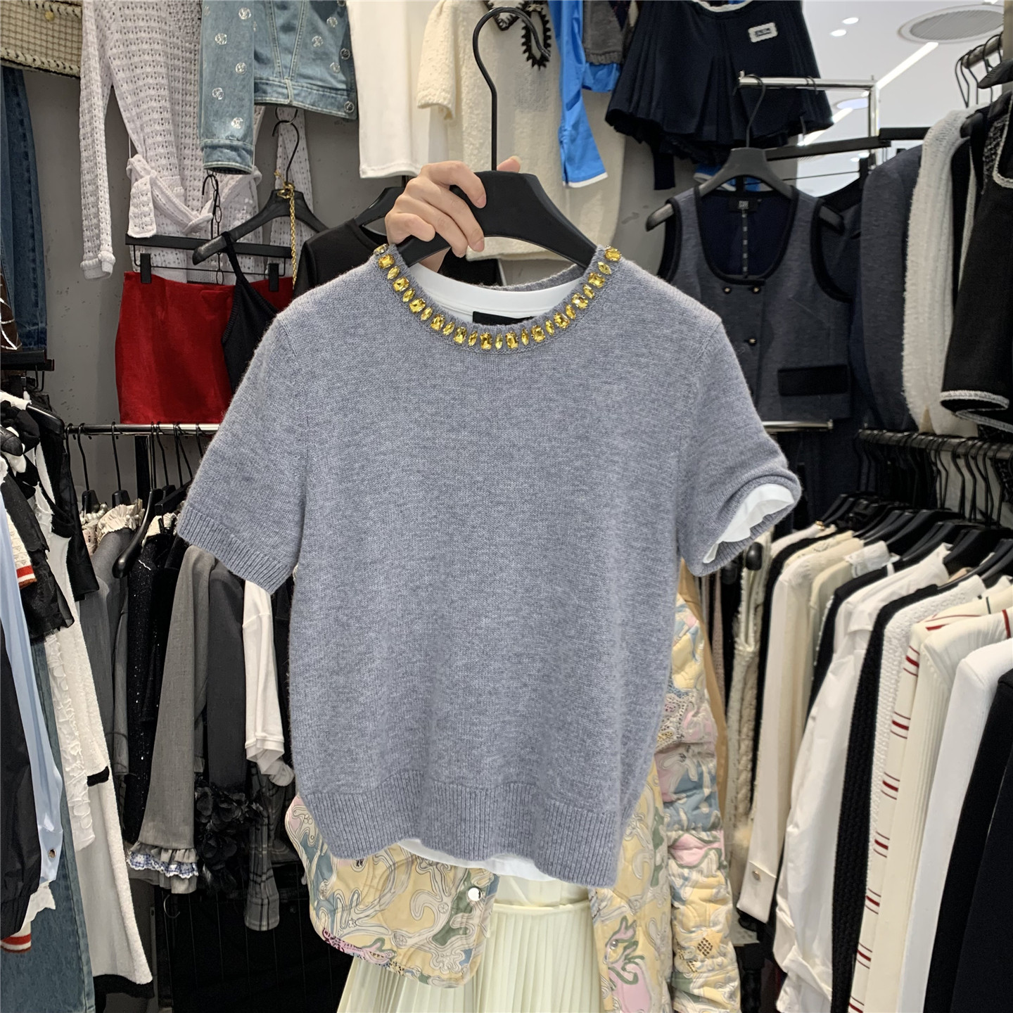 DH2026春季新款韩版高级感圆领镶钻百搭显瘦短袖针织衫T恤上衣女